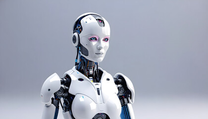 Artificial intelligence robot working at computer in office. IT team, Humanoid support center, Futuristic worker, Work at call center. Generative AI
