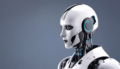 Artificial intelligence robot working at computer in office. IT team, Humanoid support center, Futuristic worker, Work at call center. Generative AI