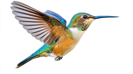Fototapeta premium A colorful hummingbird in mid-flight displaying iridescent feathers against a plain background