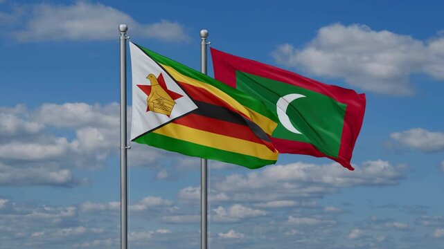 Maldives and Zimbabwe flags flying together, video concept of the relationship, two country relations concept