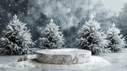 Fototapeta premium Merry Christmas! Winter stone podium with a blank marble scene. Empty pedestal in front view. Winter tree banner.