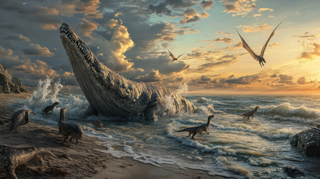 A prehistoric beach scene with a giant plesiosaur washed ashore, its large flippers extended, surrounded by small theropod dinosaurs inspecting the scene. Waves
