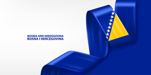 Bosnia and Herzegovina 3D ribbon flag. Bent waving 3D flag in colors of the Bosnia and Herzegovina national flag. National flag background design.