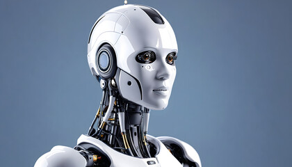 Artificial intelligence robot working at computer in office. IT team, Humanoid support center, Futuristic worker, Work at call center. Generative AI