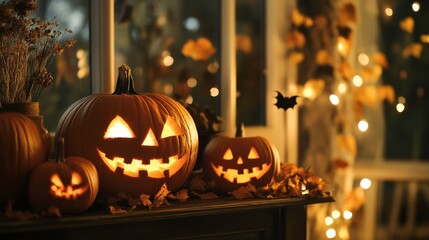 Fototapeta premium A cozy indoor setting with carved pumpkins placed on a mantle, creating a warm Halloween atmosphere
