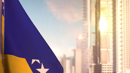 flag of Bosnia and Herzegovina on city skyscrapers buildings vanilla sunrise background for anthem day - abstract 3D illustration