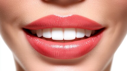 Obraz premium A close-up of a woman's mouth displays a beautiful smile with a pinkish tint, set against a pristine white background that enhances the vibrant colors and details