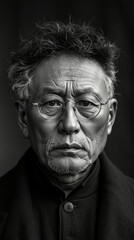 Obraz premium A black and white photo of an older man with glasses
