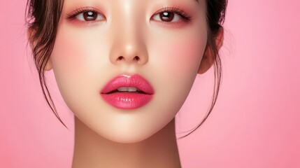 Fototapeta premium Close-up of a Korean woman with glossy pink lipstick highlighting her full lips and flawless white skin against a soft pink background, showcasing a beauty look that captures attention
