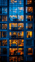 A tall building with many windows lit up at night