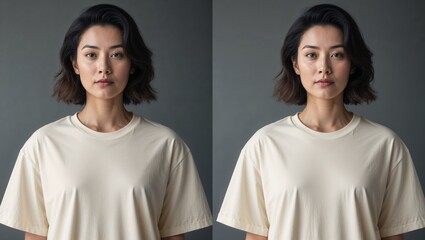Obraz premium young asian woman with short hair and gray background