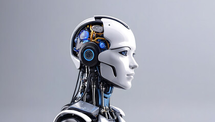 Artificial intelligence robot working at computer in office. IT team, Humanoid support center, Futuristic worker, Work at call center. Generative AI