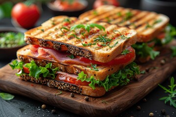 Grilled ham, cheese, and veggie toast served on rustic wooden board.