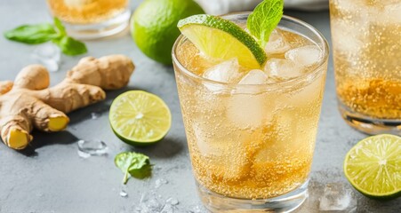 Fototapeta premium Refreshing ginger cocktail with lime and mint served on a rustic gray countertop