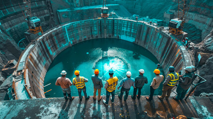 A group of construction workers standing in front of a large hole