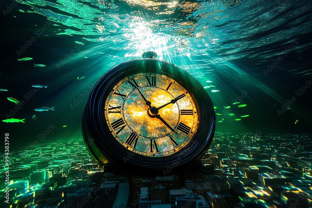 Poster a clock submerged in an underwater city, with glowing fish swimming around it. the water is illumina