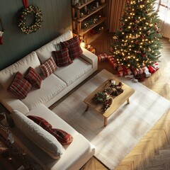 Cozy living room decorated for Christmas with a tree, stockings, and festive gifts