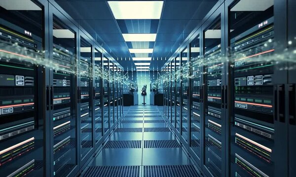 The data servers in the server room of a data center or Internet service provider are the hidden channels for digital information flowing through the network, behind sleek glass panels.