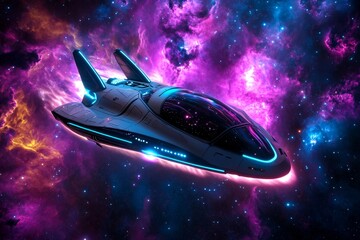 A glowing spaceship powered by magical energy, traveling through a nebula filled with vibrant colors and celestial phenomena