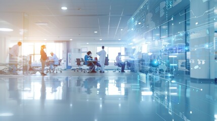 A modern healthcare setting with professionals collaborating, enhanced by digital overlays of data and technology, creating an innovative atmosphere.