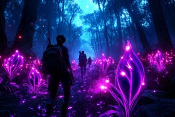 A group of adventurers trekking through an enchanted forest, with glowing plants and magical creatures surrounding them on their quest