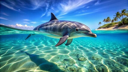 Fototapeta premium Playful Dolphin Swimming in Crystal Clear Water with a Transparent Background for Creative Projects