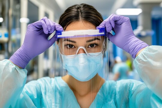 A healthcare worker donning personal protective equipment (PPE), preparing for patient care in a medical setting