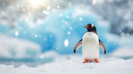Fototapeta premium Gentoo penguin standing on snow-covered ground with icy backdrop in winter