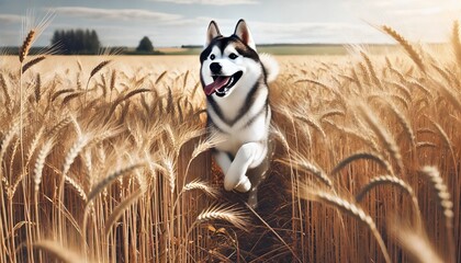 Happy husky dog ​​on nature in a field with growing wheat.