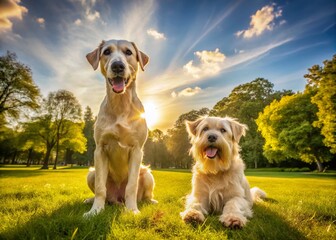 Playful golden retriever and schnauzer dogs enjoying a sunny day in the park together outdoors