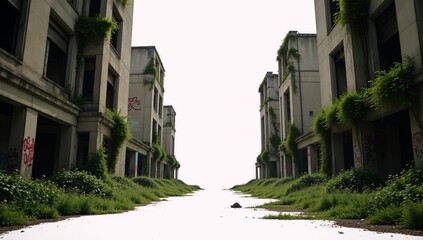 Fototapeta premium Overgrown post-apocalyptic cityscape at sunset minimalist style on white background