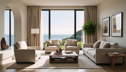 Fototapeta premium Cozy beige living room featuring two armchairs sofa and panoramic window