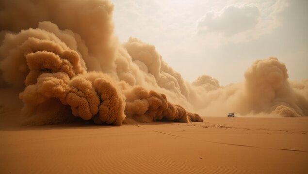 Ultra-wide photograph capturing Fury Roads desert storm scene featuring swirling sands and towering clouds under an intense sun