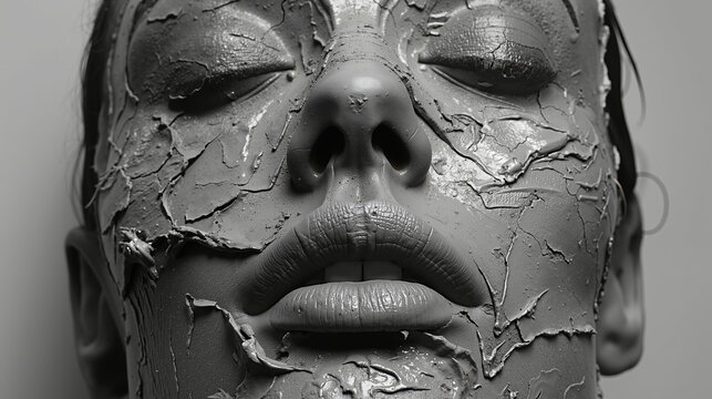 A close up of a woman's face covered in mud