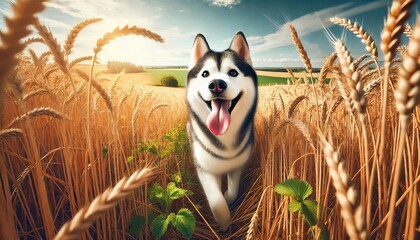 Happy husky dog ​​on nature in a field with growing wheat.
