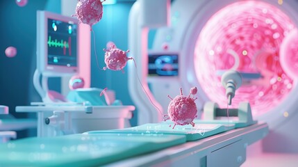 A futuristic medical environment showcasing floating virus models and advanced technology for disease research and treatment.