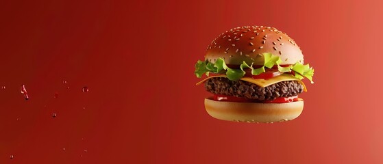 A mouthwatering hamburger featuring fresh ingredients, a juicy patty, and vibrant colors against a red background.