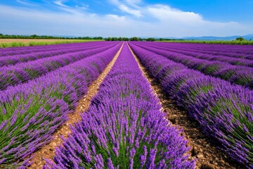 Obraz premium A lavender field in full bloom, with rows of purple flowers stretching toward the horizon under a blue sky