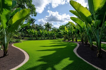 A lush tropical garden with towering banana plants, providing shade and a sense of serenity