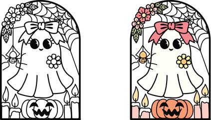 Cute groovy halloween ghost with pumpkin, candles, spider, flowers, arch door frame and spider web for coloring page or design element. Vector illustration.