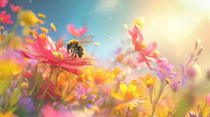 A vibrant bee pollinates a colorful flower in a sunlit field, showcasing nature's beauty and the importance of pollinators.