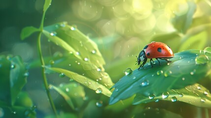 Obraz premium A vibrant ladybug rests on a leaf adorned with dew drops, showcasing a serene moment in nature's beauty.
