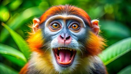 Fototapeta premium Playful monkey making funny faces in a lush green jungle, capturing the essence of humor in nature