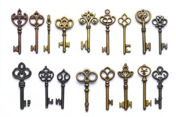 Beautiful collection of ornate antique keys is lying on a white background, evoking mystery and history