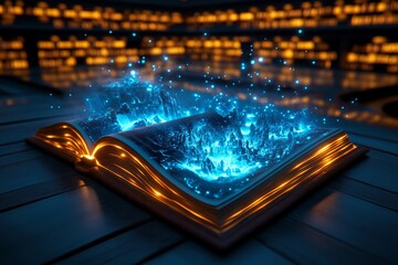 A mystical library where each book tells a living story, with glowing pages and scenes coming to life around the storyteller