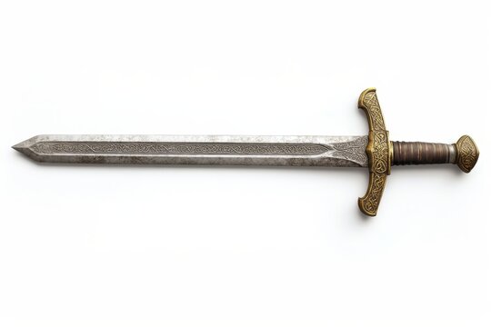 Medieval sword laying on white background exhibiting ornate hilt and celtic knotwork
