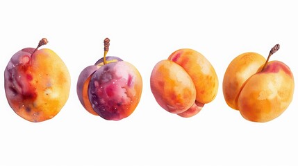 Four vibrant peaches showcasing different shades of orange and purple, perfect for food-related themes and summer imagery.