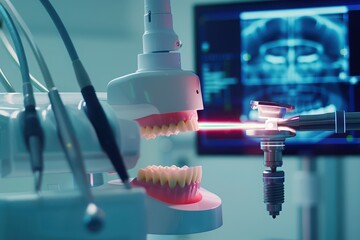 High-tech dental procedure showcasing laser treatment on a dental model in a modern clinic environment.