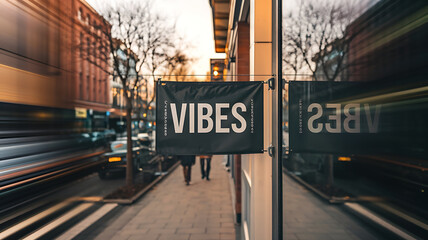 Black and white sign with the word "VIBES" in a modern city setting. 
