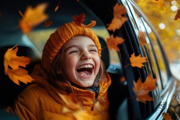 Cheerful girl is having fun during a family road trip in the fall, surrounded by colorful leaves